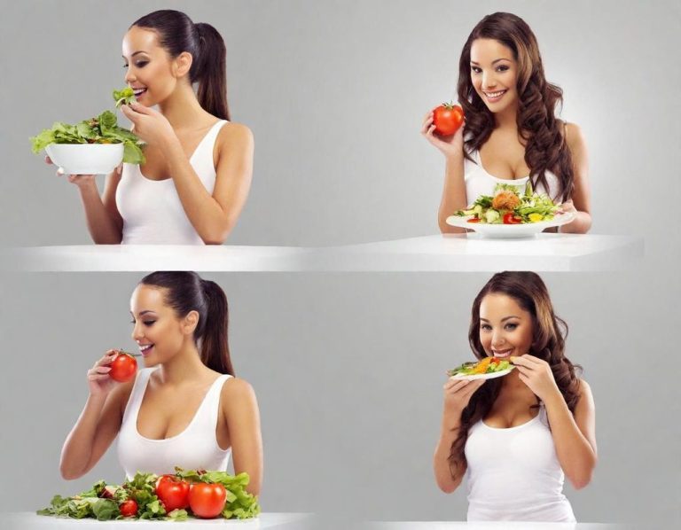 Disfruta de lo que haces Mujer sonriente disfruta de ensaladas y tomates frescos en varias poses.